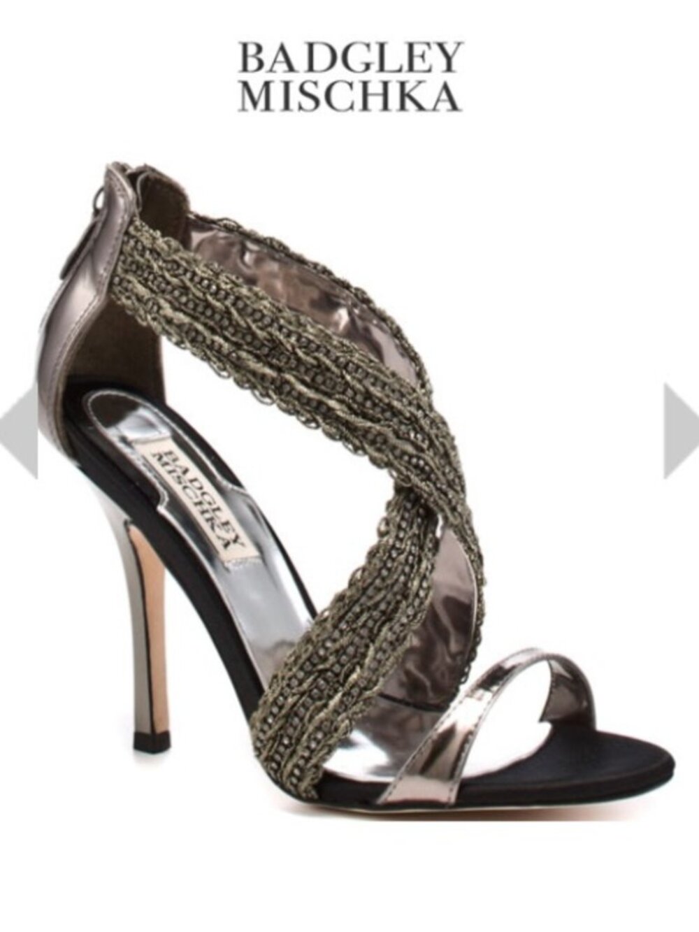 NWOB BADGLEY MISCHKA Metallic & Rhinestone Braided Straps Heeled Sandals